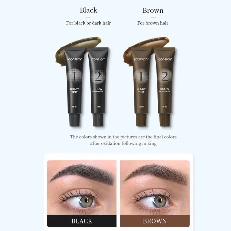 Blushimmer waterproof eyelash and eyebrow tint kit with permanent dye cream, showing applicator brush and tint containers.