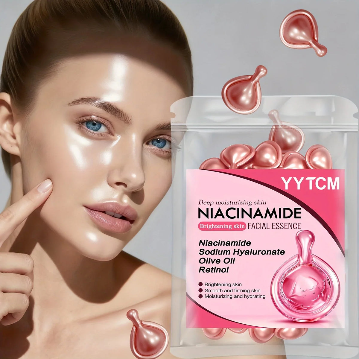 Blushimmer Niacinamide Facial Essence Capsules with retinol, olive oil, gardenia extract for brightening, moisturizing, and smoothing skin.