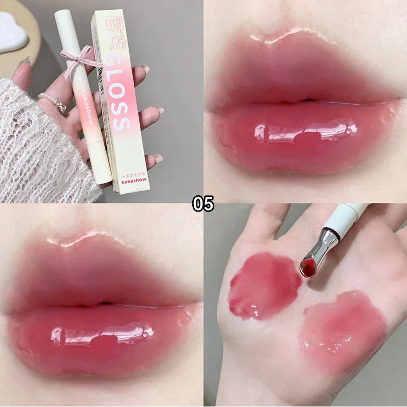 Kakashow Mirror Watery Lip Gloss by Blushimmer featuring a moisturizing jelly lip tint in a clear, shiny container with a reflective cap.