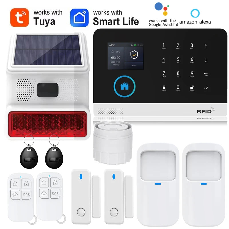 Smart Home Solar powered siren Tuya WIFI GSM Alarm System Wireless Smart Life APP 433MHz Safe Security Gap PIR Motion with Alexa