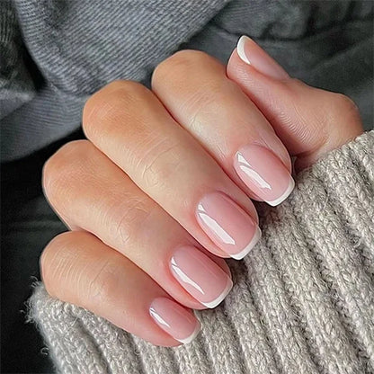 Set of 24 pink and white gradient French press false nails with square heads by Blushimmer, featuring short full cover nail tips.