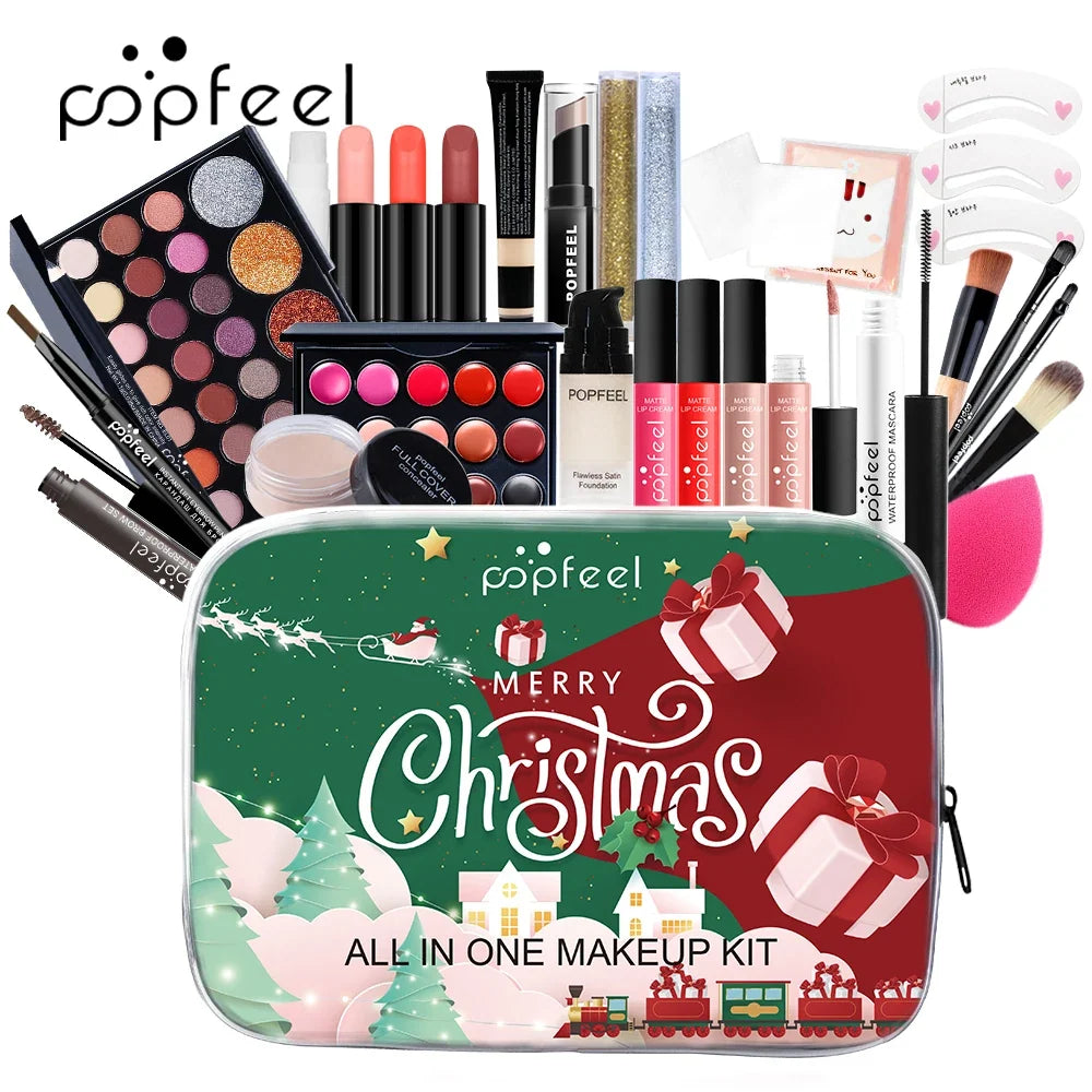 Blushimmer POPFEEL Christmas makeup set with eyeshadow, foundation, and lipstick for holiday and everyday glam looks.