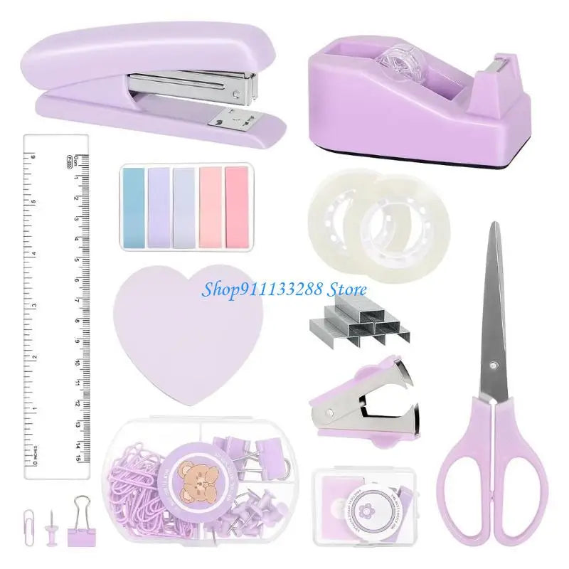 G88D Office Supplies Set Include Sticky Note Stapler Staple Scissors Clear Tape Ruler