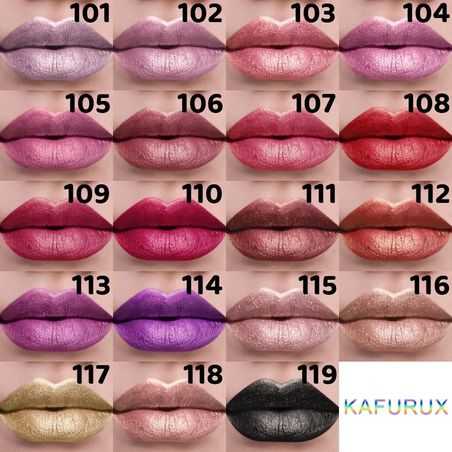 Blushimmer 21Colors metallic lipstick with glitter and pearlescent finish, showcasing vibrant shades and shiny, long-lasting lip makeup.