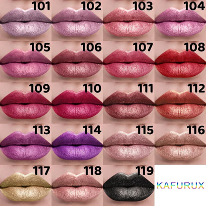 Blushimmer 21Colors metallic lipstick with glitter and pearlescent finish, showcasing vibrant shades and shiny, long-lasting lip makeup.