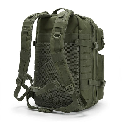 ReFireGearUS 45L tactical hunting backpack with camo design, multiple pockets, Molle system, water-resistant, durable outdoor field bag