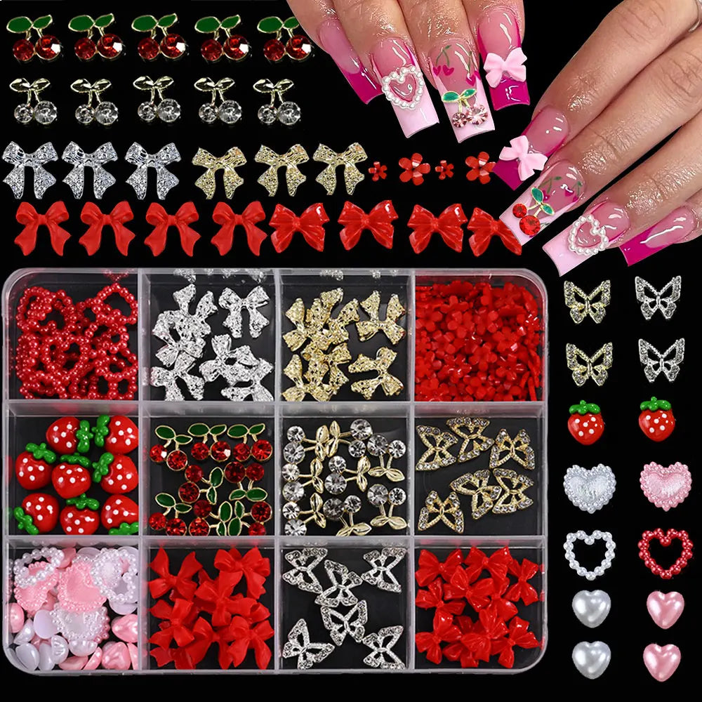 Set of 120 gold bow and butterfly nail charms from Blushimmer, shiny metal nail jewelry for luxurious nail art designs.