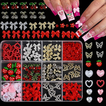 Set of 120 gold bow and butterfly nail charms from Blushimmer, shiny metal nail jewelry for luxurious nail art designs.