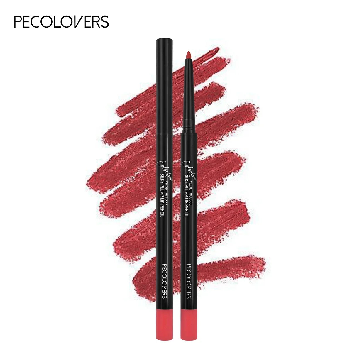 Blushimmer nude matte lip liner pencil with waterproof, long-lasting, non-stick finish, shown with the product and swatched lip look.