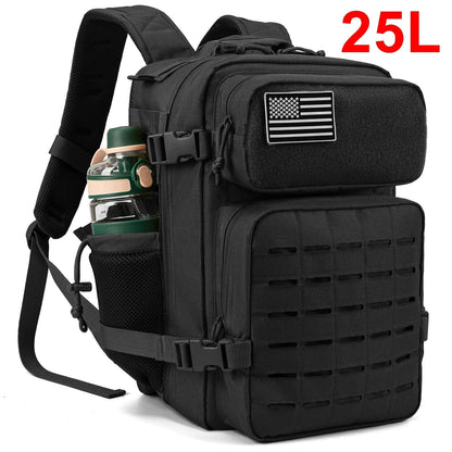 Adventure Club Store tactical backpack in black with water bottle holder, 25L/45L for men and women, ideal for outdoor and school use