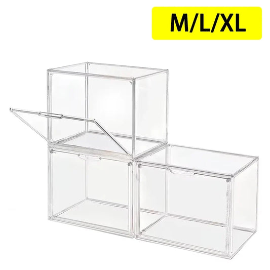 Clear acrylic storage box organizer for figures and makeup, featuring large capacity and versatile display for collectibles and accessories.