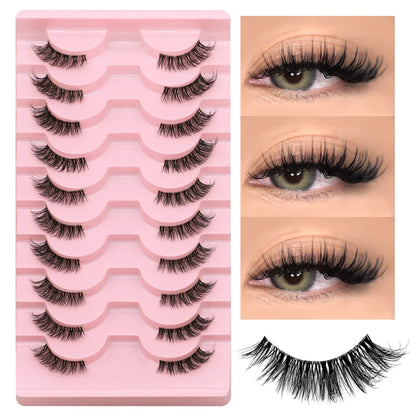 Blushimmer GROINNEYA half lashes with soft, natural faux mink wispy design and clear band for a subtle, natural eyelash extension look.
