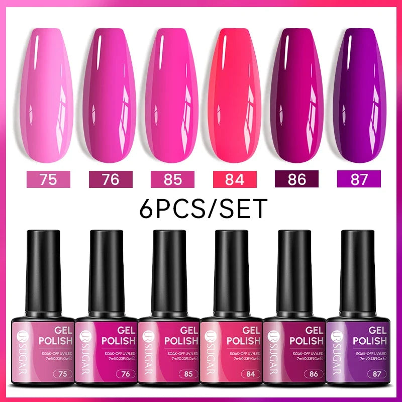 Blushimmer UR Sugar 7ml all-season gel nail polish set with nude pink, red, and glitter shades for manicure and UV gel application.
