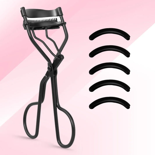 Portable Blushimmer stainless steel eyelash curler with five silicone pads for shaping big, natural-looking eyes.