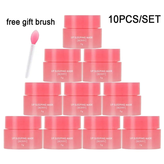 Blushimmer 10-piece berry lip sleeping mask set with nourishing, moisturizing balm to reduce lip lines and enhance skin care.