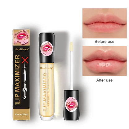 Blushimmer volumising lip plumper serum with glossy lip oil, showcasing shiny, full lips with smooth, moisturized skin.