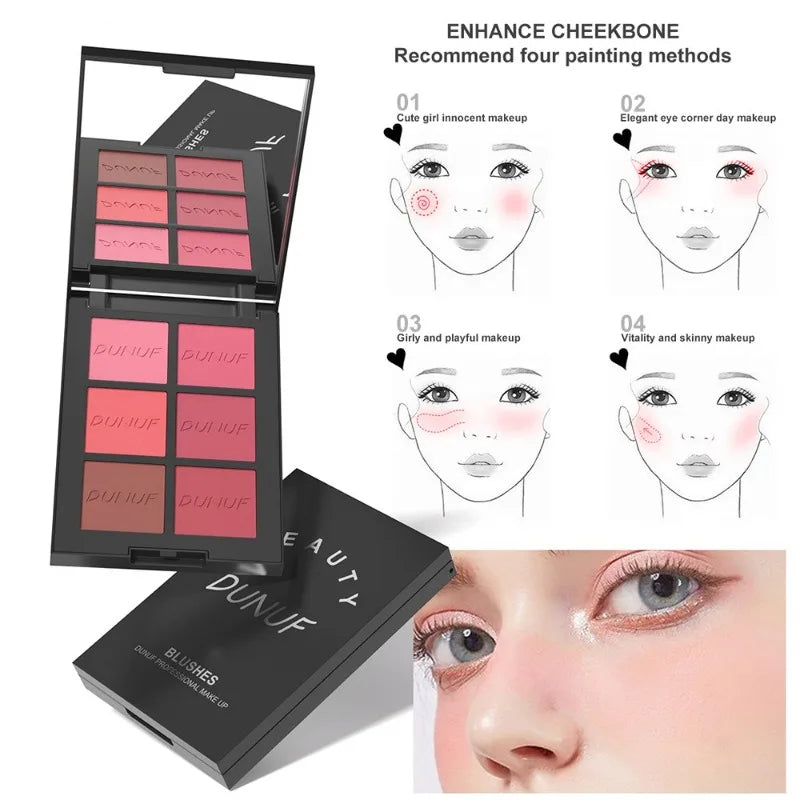 Blushimmer 6-color blush palette with highlighter, contour, and bronzing powders for natural, long-lasting daily makeup looks.
