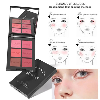 Blushimmer 6-color blush palette with highlighter, contour, and bronzing powders for natural, long-lasting daily makeup looks.