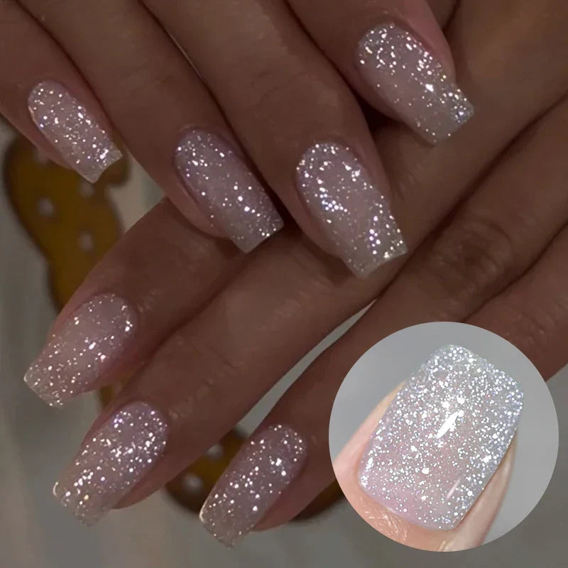 Silver carat glitter gel nail polish by Blushimmer with reflective sparkle, ultra-shine finish, ideal for UV nail art and soak-off gel nails.