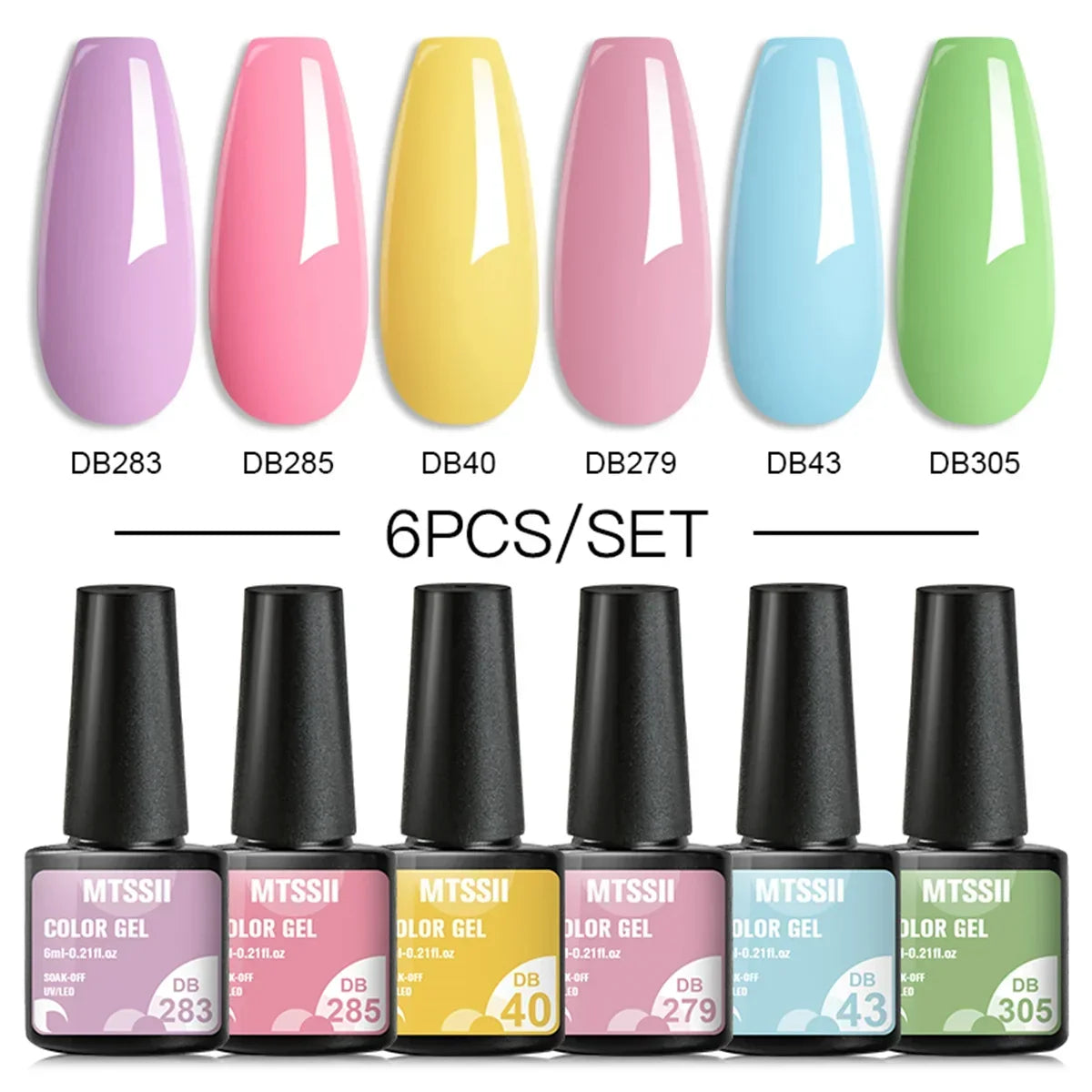 Blushimmer MTSSII 6-piece set of sparkly red gel nail polish bottles with shiny, glittery finish for LED and UV nail art.