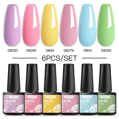 Blushimmer MTSSII 6-piece set of sparkly red gel nail polish bottles with shiny, glittery finish for LED and UV nail art.