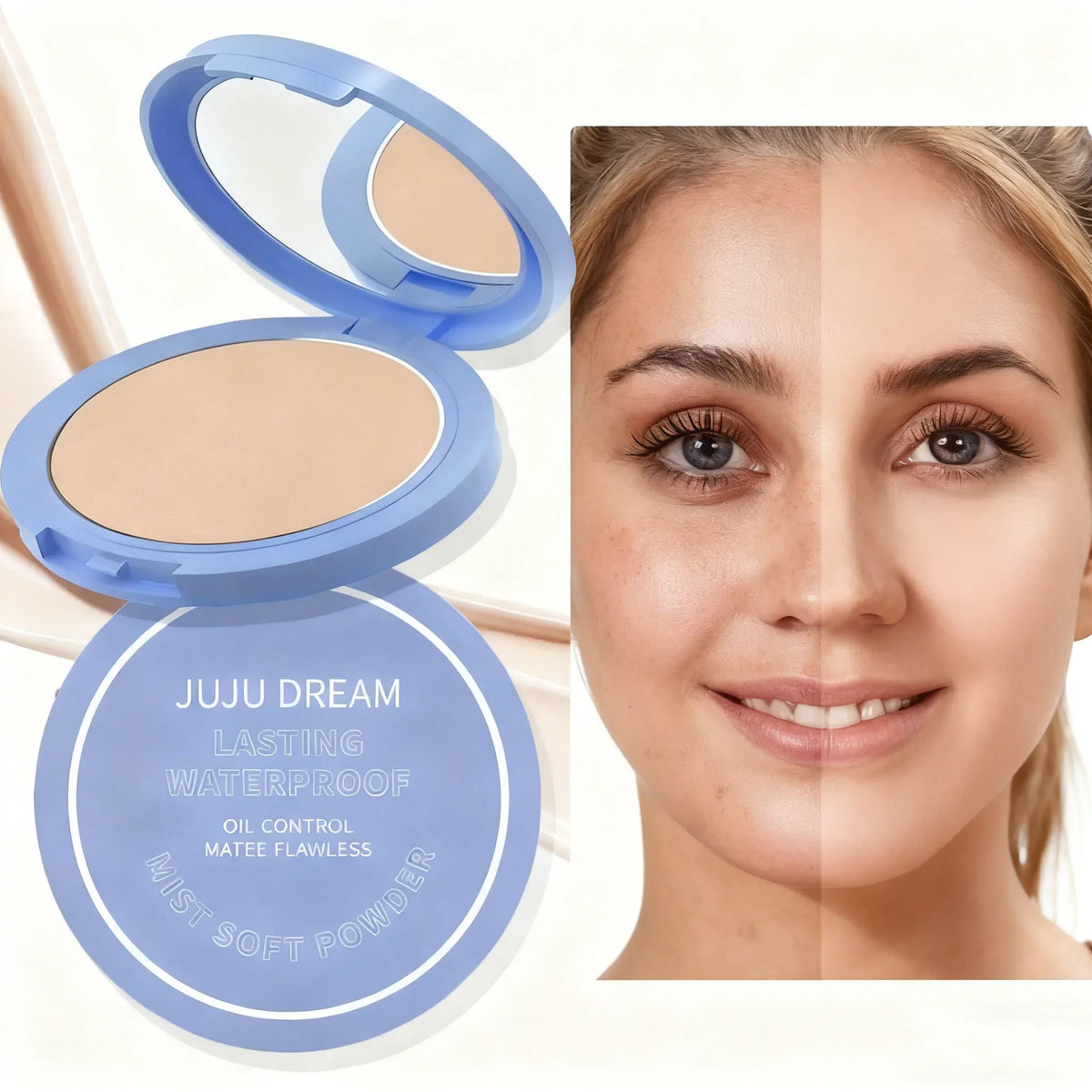 Blushimmer Silk Soft Pressed Powder Oil-Control matte foundation with smooth cake texture and full coverage concealer on a neutral background.