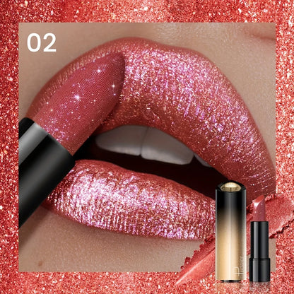 Blushimmer metallic shimmer lipstick with pearly glitter shine, creamy texture, and high color payoff, smooth application for party makeup.