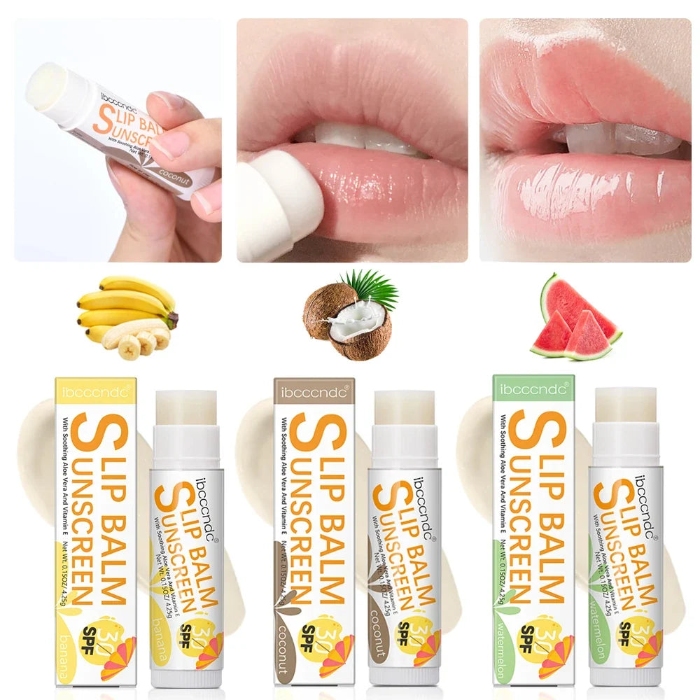 Blushimmer SPF 30 lip balm with watermelon, coconut, and banana flavors, moisturizing colorless sunscreen for lips.