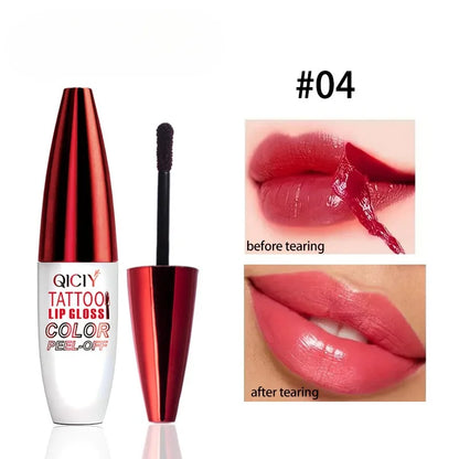 Blushimmer peel-off matte lip gloss in natural mist shade, waterproof, long-lasting, with tear contour stain finish on lips.