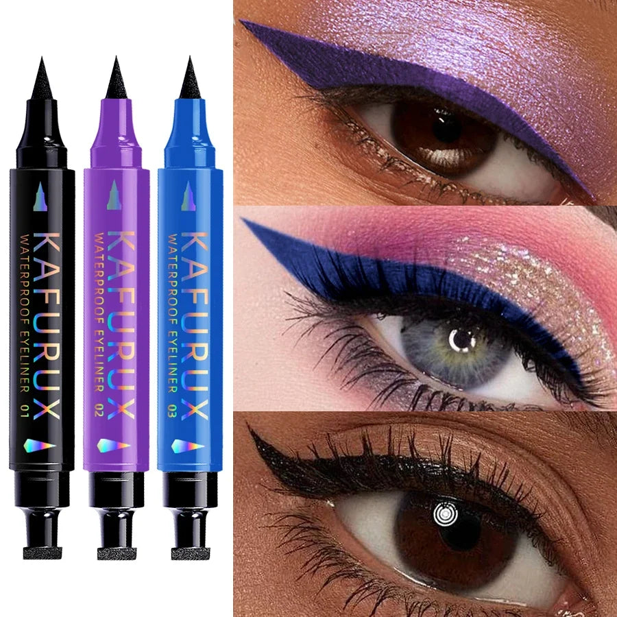 Blushimmer 2-in-1 waterproof liquid and pencil eyeliner pen in black, purple, and blue for Korean makeup and eye definition.