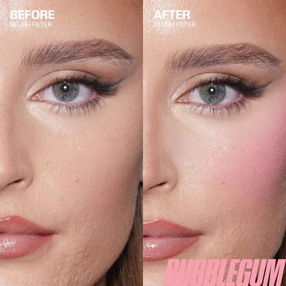 Blushimmer Huda Beauty Blush Filter Soft Glow liquid blush and shiny lip gloss in cotton candy and bubblegum shades, close-up image.