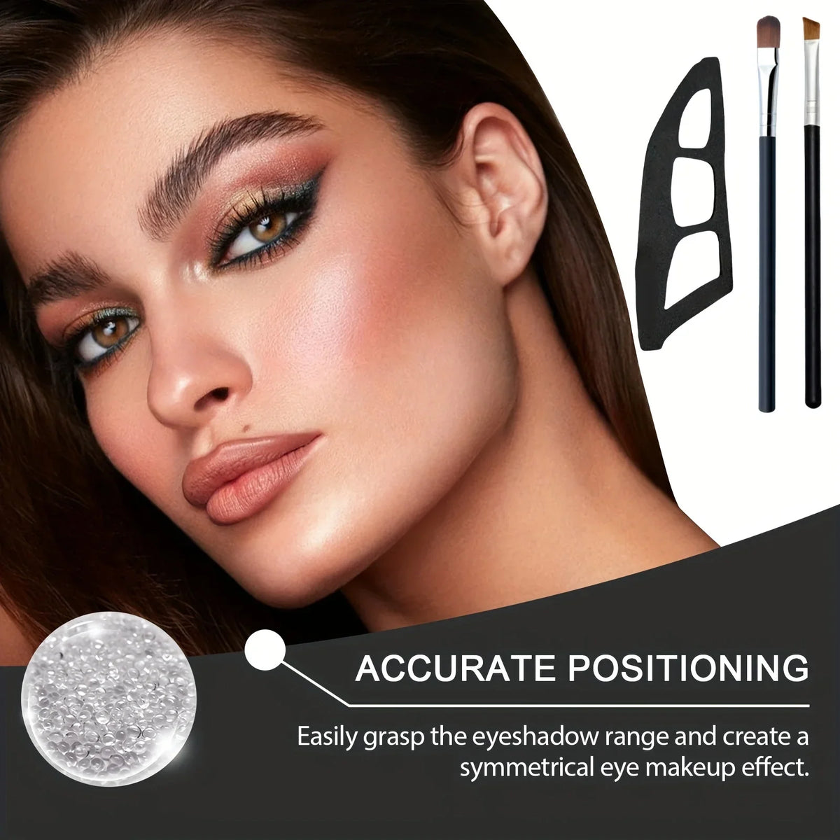 Blushimmer eye makeup assistant with two eyeshadow brushes, templates, and molds for precise eyeshadow application and blending.