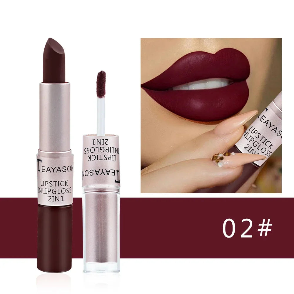 Blushimmer 2-in-1 velvet matte lipstick and lip gloss in a deep red shade with a double head design, waterproof and non-stick.