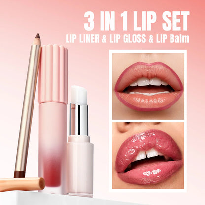 Blushimmer lip makeup kit with gloss, pencil, liner, and balm in a 3-in-1 set displayed in a gift box.
