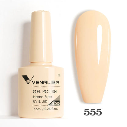Venalisa Blushimmer glitter gel polish in pink nude for French nails, UV and LED soak-off gel with full coverage and shimmer finish.