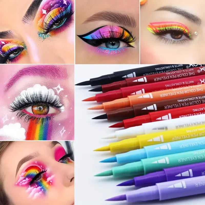 Blushimmer 12-color waterproof liquid eyeliner and face paint pen set with vibrant shades and precise applicator tips.