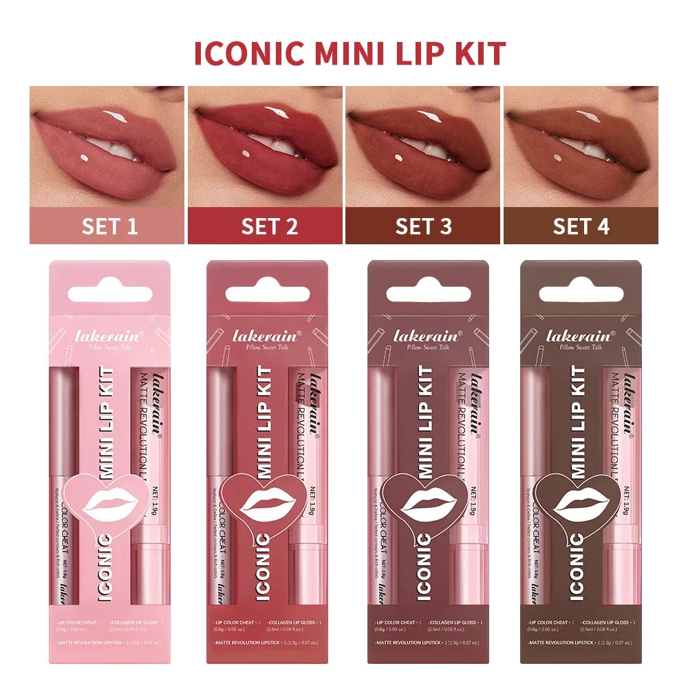 Blushimmer 3-piece waterproof lipliner, lipstick, and lip gloss set featuring matte finish, long-lasting lip makeup, and travel-friendly size.