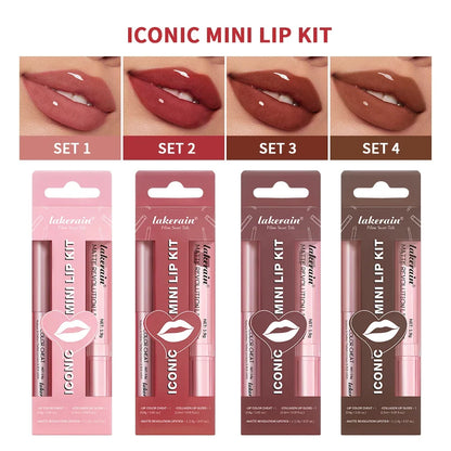 Blushimmer 3-piece waterproof lipliner, lipstick, and lip gloss set featuring matte finish, long-lasting lip makeup, and travel-friendly size.