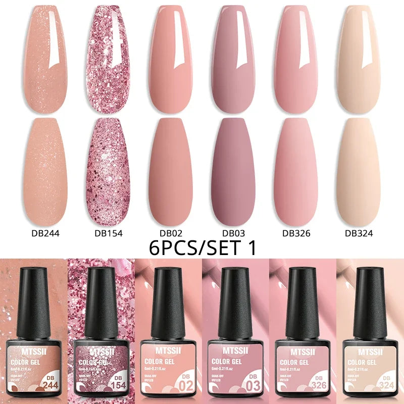 Blushimmer MTSSII 6-piece set of sparkly red gel nail polish bottles with shiny finish for manicures and nail art.
