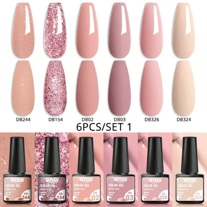 Blushimmer MTSSII 6-piece set of sparkly red gel nail polish bottles with shiny finish for manicures and nail art.