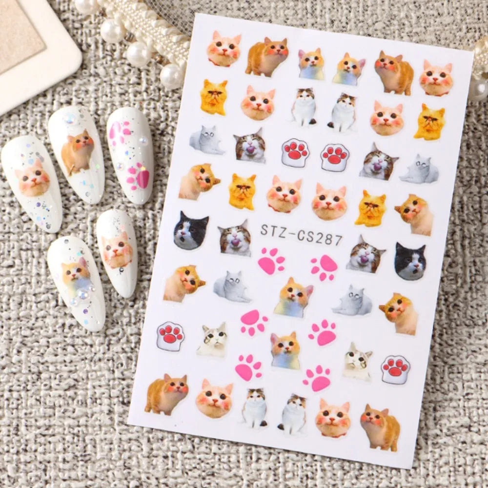 Cute dog, cat, bunny, and star 3D Korean cartoon nail art stickers by Blushimmer for pet-themed self-adhesive nail decorations.