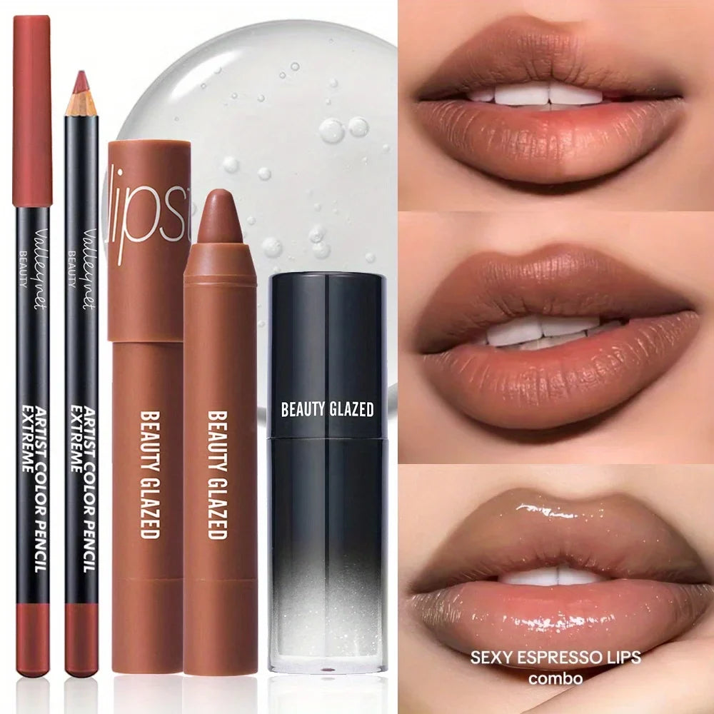 Blushimmer 3-piece lip set with lip liner, matte lipstick, and lip gloss in sleek packaging, showcasing vibrant lip colors.