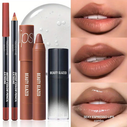 Blushimmer 3-piece lip set with lip liner, matte lipstick, and lip gloss in sleek packaging, showcasing vibrant lip colors.