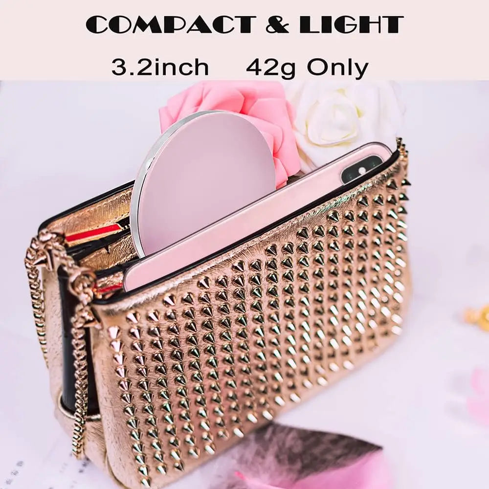 Blushimmer rechargeable LED compact mirror with lights, 1x/3x magnification, portable handheld travel mirror for grooming.