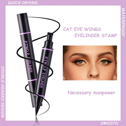 Blushimmer PTWOP 2-piece winged eyeliner stamp and liquid pencil in black, showcasing the product with eyeliner tools and packaging.