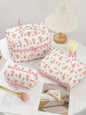 Cute quilted cotton makeup bag by Blushimmer with zipper, portable cloth toiletry case for women and girls, box-shaped organizer.