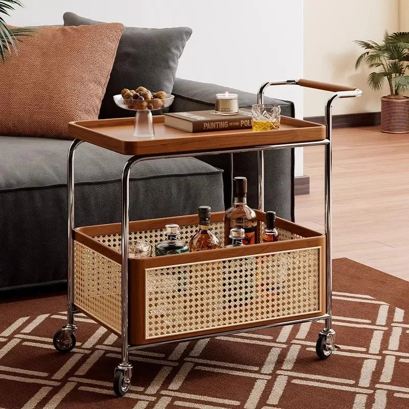 Luxury Design Home Indoor Furniture Brown Solid Wood Mobile Storage Trolley Mobile bar Cart for Home snack cart for parties