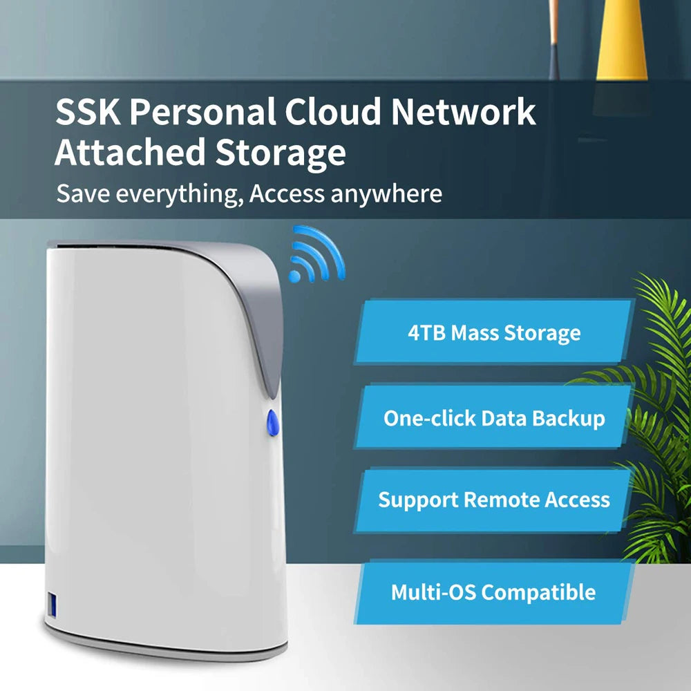 SSK 4TB NAS Personal Cloud Network Storage Ethernet Remote Access Smart Storage Home Office NAS Storage for Phone Laptop PC Case