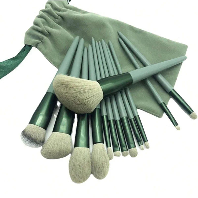 Set of 13 Blushimmer makeup brushes including eyeshadow, foundation, blush, and cosmetic tools in a soft makeup bag