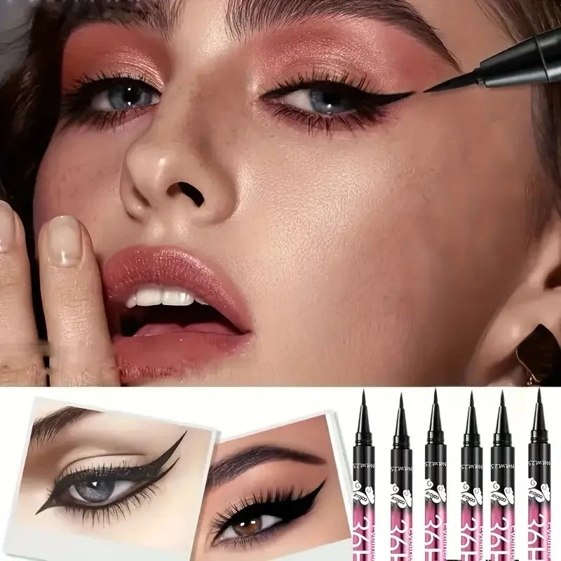 Set of 12 Blushimmer black liquid eyeliner pens with long-lasting, waterproof formula for precise eye makeup application.